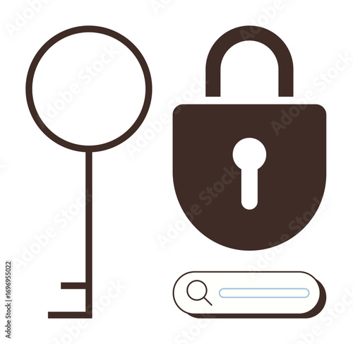 Key, lock, and search bar convey access, privacy, protection, and navigation. Ideal for security, online safety, password data encryption technology accessibility simple flat metaphor