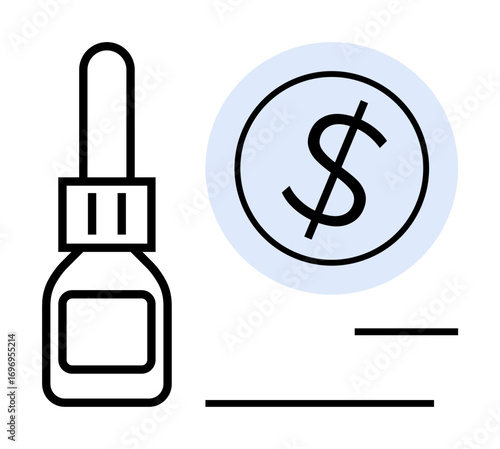 Minimalist dropper bottle beside a dollar sign in a blue circle. Ideal for healthcare cost, pricing strategy, medical budgeting, pharmaceutical sales, online shopping, economic planning, simple flat