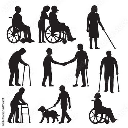 Silhouettes of people with disabilities and assistance