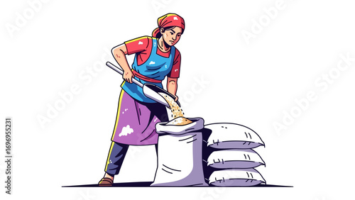 Farm Hand Fills Grain Sack: A diligent farm worker, focused on her task, expertly fills a grain sack with golden harvests, embodying the heart of agricultural labor.