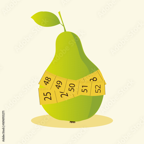 Pear wrapped in a yellow measuring tape on a white background, diet, weight loss, proper nutrition