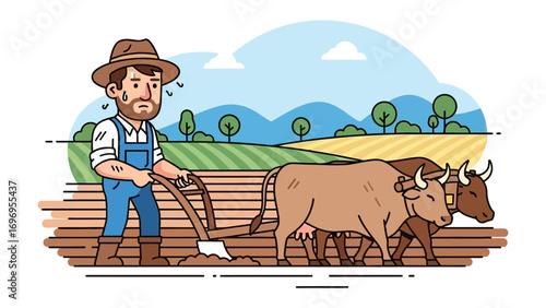 Farmer in Field: A hardworking farmer cultivates the soil in his field with the aid of his livestock creating a simple yet captivating illustrations. 