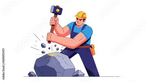 Construction Worker at Work: In a vibrant illustration, a construction worker, wearing a hardhat, wields a sledgehammer, breaking a large rock to show his determination and skillful effort.