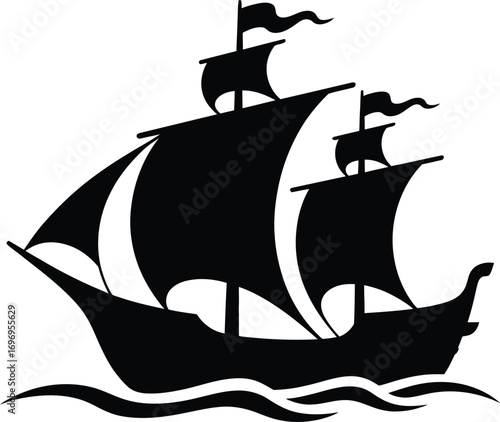 Silhouette of a majestic sailing ship with full sails on the open sea