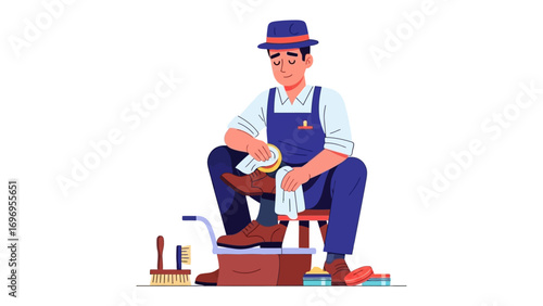 Shoeshine Man at Work: A man diligently polishes a shoe with a cloth, showcasing his craft and attention to detail. The scene exudes a vintage, hardworking atmosphere.
