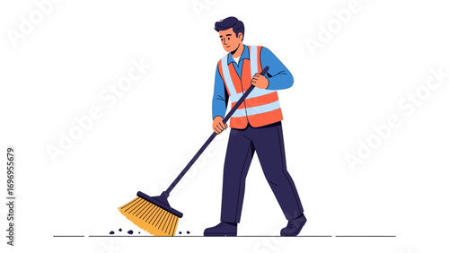 Street Cleaner At Work: An illustrated figure of a dedicated street cleaner diligently sweeps the ground, embodying civic pride and environmental responsibility. 