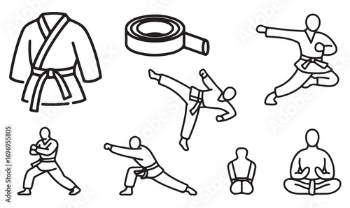 Minimalist line art icons for combat training, martial arts exercises, meditation, gi uniform, punches, and defensive moves