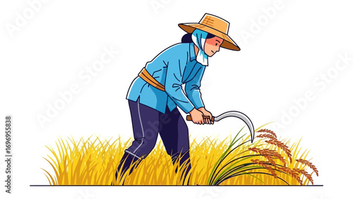 Harvest Harmony: A rural scene of a woman delicately cutting wheat with a sickle. Capturing traditional farming and a tranquil moment of hard work.