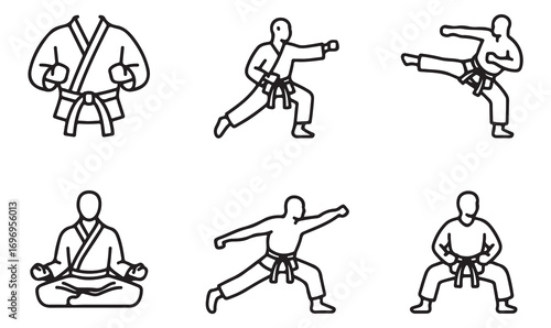Collection of outline martial arts symbols including karate kicks, taekwondo stances, fighting practice, and self-defense poses