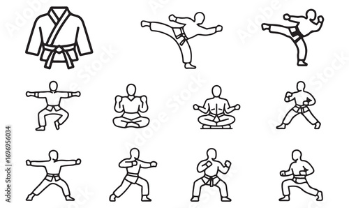 Vector line icons of martial arts poses, karate training, taekwondo movements, combat stances, meditation, and gi uniform