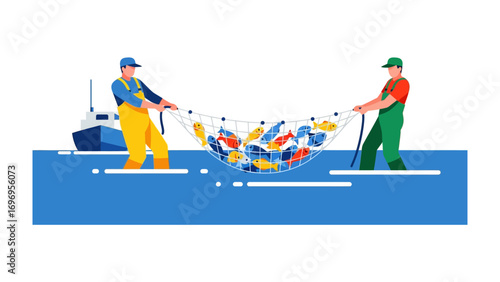Fishing Team's Bounty: Two fishermen in work gear haul a vibrant net overflowing with fish, their teamwork highlighting the wealth of the sea, next to their boat.