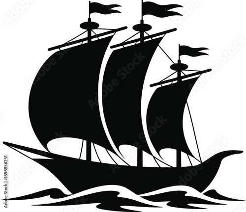 Classic tall ship silhouette sailing on wavy seas nautical maritime vessel