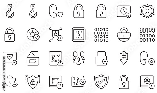 Minimalist vector icons representing hacking, malware, internet fraud, identity theft, secure data, and system protection