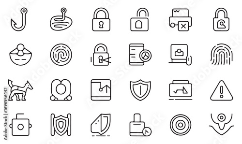 Collection of line art technology icons for online safety, digital security, password protection, virus, and cyber threats