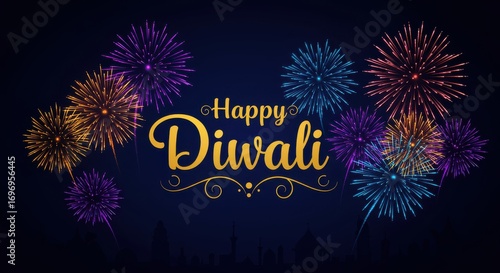 Happy Diwali Festival of Lights Greeting Banner with Colorful Fireworks