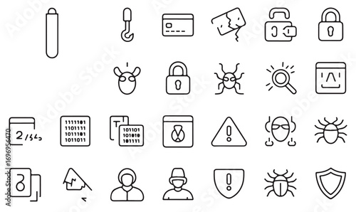 Cybersecurity outline icons set with locks, malware, phishing, fraud, hacking, encryption, virus, alert, and shield symbols