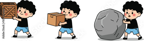 Cartoon child lifting crate, carrying box, pushing rock, physical effort, strength, motion, activity, force, mechanics, white background