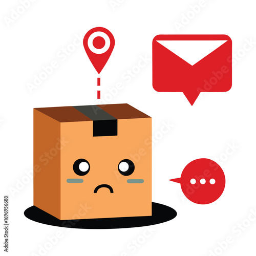 Sad cartoon delivery box with a location pin and email icon representing shipping problems lost packages or customer service complaints