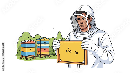 Bee Expert: A dedicated expert in a protective suit examines a honeycomb, set against a charming background.