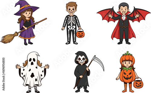 Halloween kids in costume, witch, skeleton, vampire, ghost, grim reaper, pumpkin, trick or treat, spooky, festive, autumn celebration, party