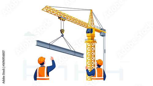 Construction Site Coordination: Witness the synergy of human and machine as workers direct the placement of steel beams on a dynamic construction site, a testament to collaborative progress.