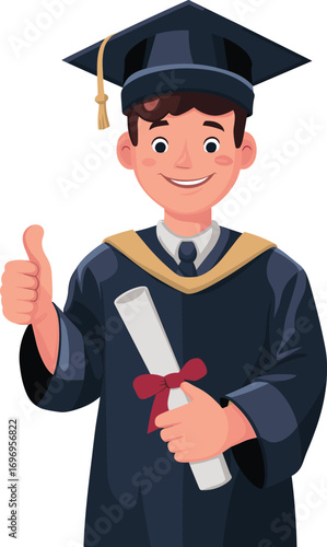 Graduation cartoon character, cap and gown, diploma, smiling graduate, thumbs up, academic success, education celebration, achievement, school, university