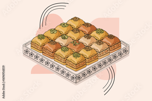 Sweet Baklava Squares Arranged in Grid with Floral Tray Design and Rich Garnishing Details