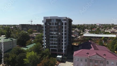 Drone aerial view of a residential district with apartment buildings
