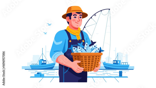 Harbor Fisherman with Catch: A smiling fisherman proudly holds a basket overflowing with his fresh catch against a backdrop of the calm harbor. capturing the essence of a fruitful day at sea.