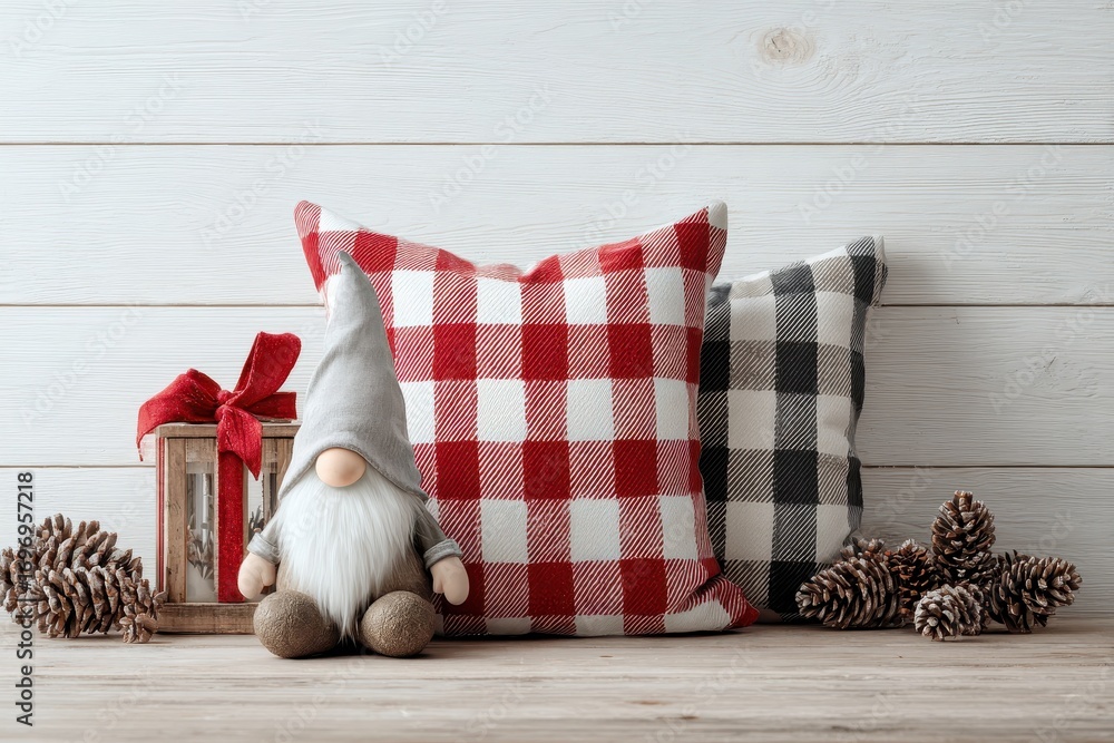 Obraz premium Festive Holiday Cushion. Farmhouse Christmas Throw Pillow Mockup with Gnomes and Plaid Bow on Rustic Wood Backdrop