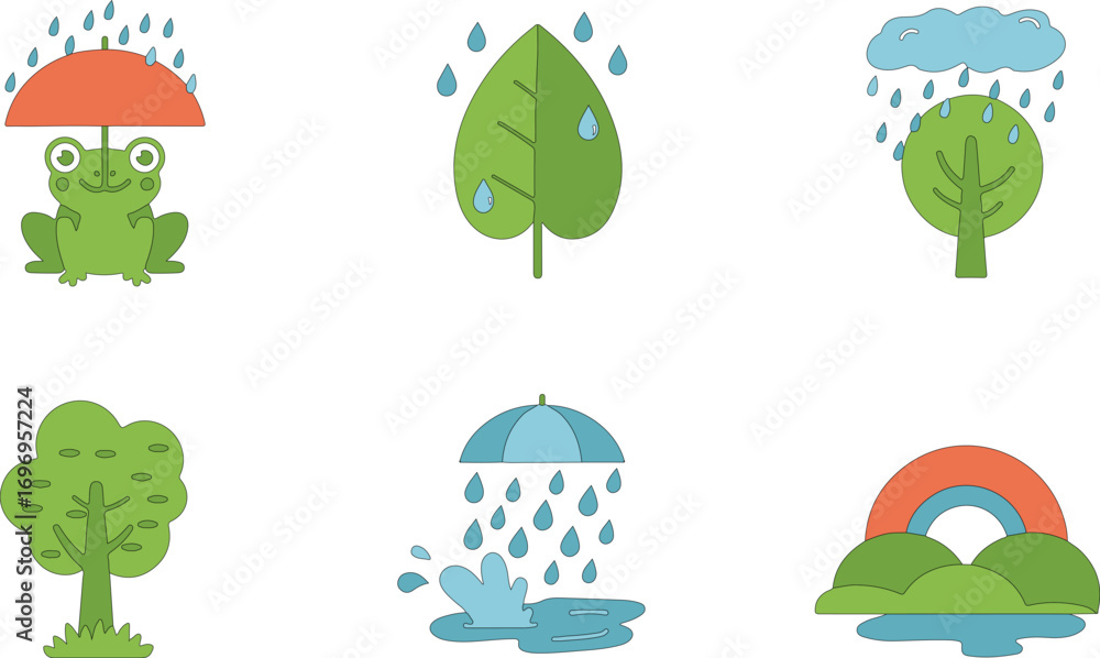 Fototapeta premium Flat Vector Rainy Nature Icon Set – Frog, Leaf, Flower, Tree, Rainbow, Puddle