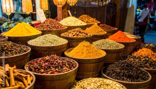 Exotic Spices and Herbs Displayed in Traditional Wooden Barrels at Market