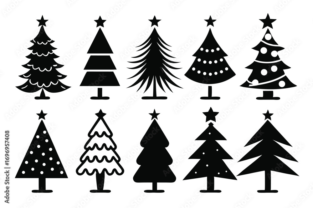 Obraz premium Collection of Black Silhouetted Christmas Trees with Stars and Ornamentation in Varying Designs