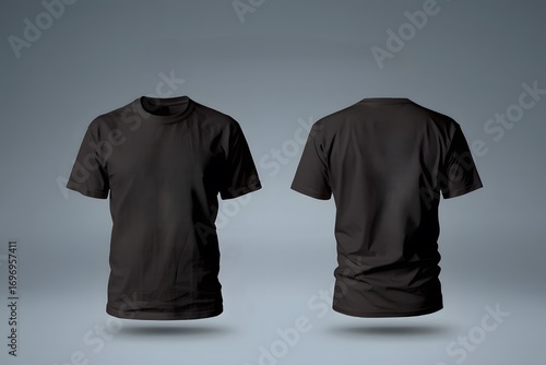 Front and back view of black t shirt mockups with text