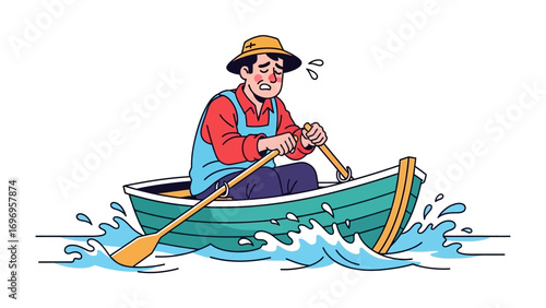 Rowing Through Rough Waters: An illustrative scene of a man in a boat, navigating turbulent waters with determination, the waves crashing around him symbolizes the challenges and resilience.