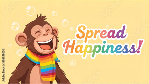 Joyful Cartoon Chimpanzee Wearing Rainbow Scarf;  Spread Happiness;  Cheerful, Upbeat Illustration.