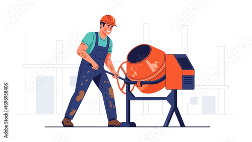 Construction Worker operating concrete mixer: A construction worker, clad in protective overalls and a hard hat, operates a cement mixer on a construction site.