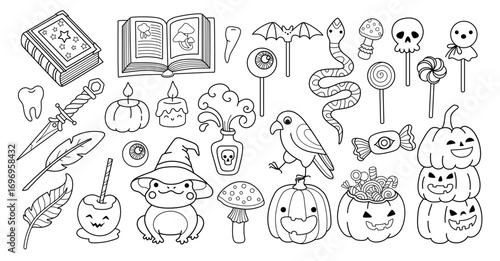 Halloween graphic outline elements for coloring book. Pumpkins, jack-o-lantern, caramel apple candy, wizard frog, candle, black raven, eyeball lollipop, magic book. Witchcraft collection.