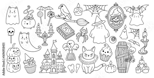 Set of halloween outline comic elements for coloring book. Pumpkins, spider web, coffin, ghost, bat, candle and haunted castle. Collection of spooky scary creepy vector isolated illustrations.