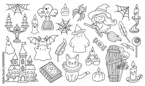 Witch flying on broomstick, bat, ghost, cat, magic book, skeleton and coffin. Halloween funny cartoon characters. Decorative holiday coloring book outline elements collection. Vector illustrations.