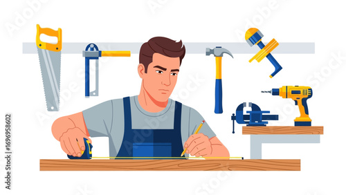 Crafting Precision: A focused artisan meticulously measures and marks wood in his workshop, surrounded by essential tools of his trade. Embodying skill and the craft.