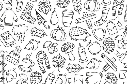 Autumn background, hand drawn, nature and food, clothes, leaves, pumpkin, coffee, mushrooms, book, fruit, umbrella.