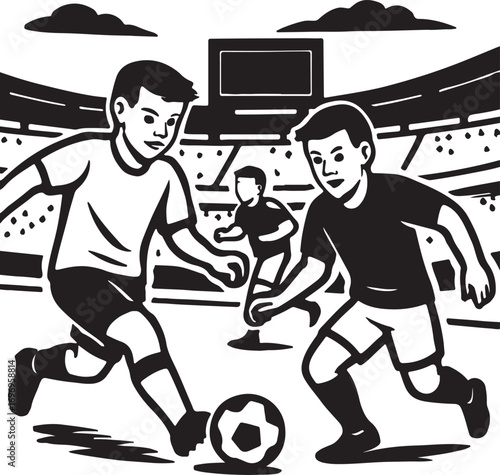 Three boys playing soccer on a stadium field football