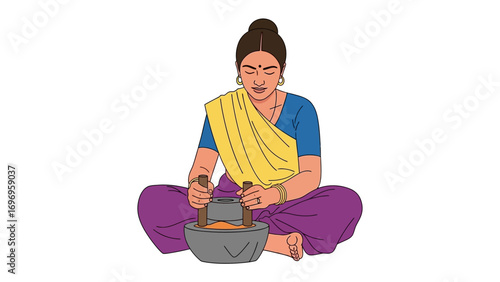 Indian Woman in Traditional Attire: A vibrant illustration captures an Indian woman in traditional clothing, expertly grinding spices. The scene showcases the age-old craft.