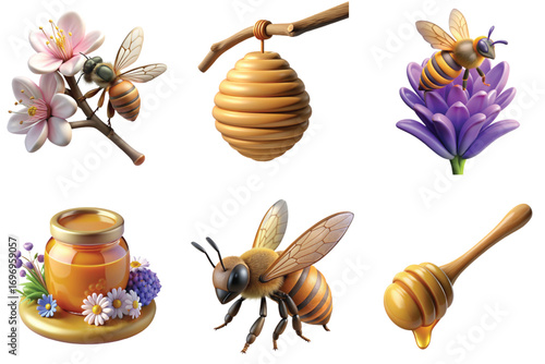 Playful 3d beekeeping elements, bee, honey jar, cartoon farm icons, flowers pollination