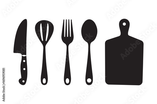 Silhouette of kitchen utensils and cutting board on white background
