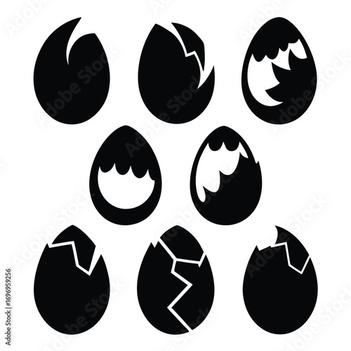 Seven Abstract Black Egg Shapes Showing the Hatching or Breaking Process Sequence