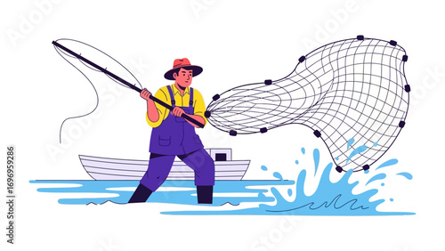 Angler's Endeavor: A lone angler, in a flat vector-art illustration, casts his fishing net from a small boat, poised to snare his catch. Capturing the determination, the hope.
