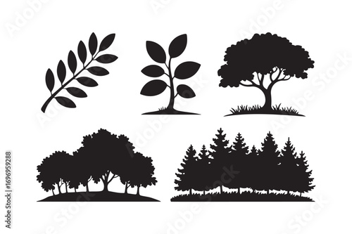 Collection of black silhouette illustrations of trees and plants