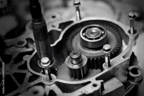 The photograph shows gears and shafts that create a complex and harmonious mechanism.